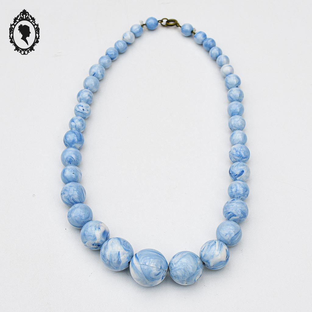 Collier bleu et blanc marbré perles rondes ras de cou en cascades vintage