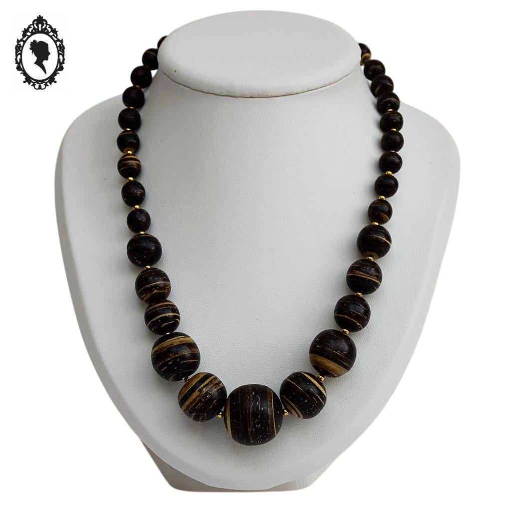 Collier cascade perles rondes en bois marron et doré style bohème nature chic vintage