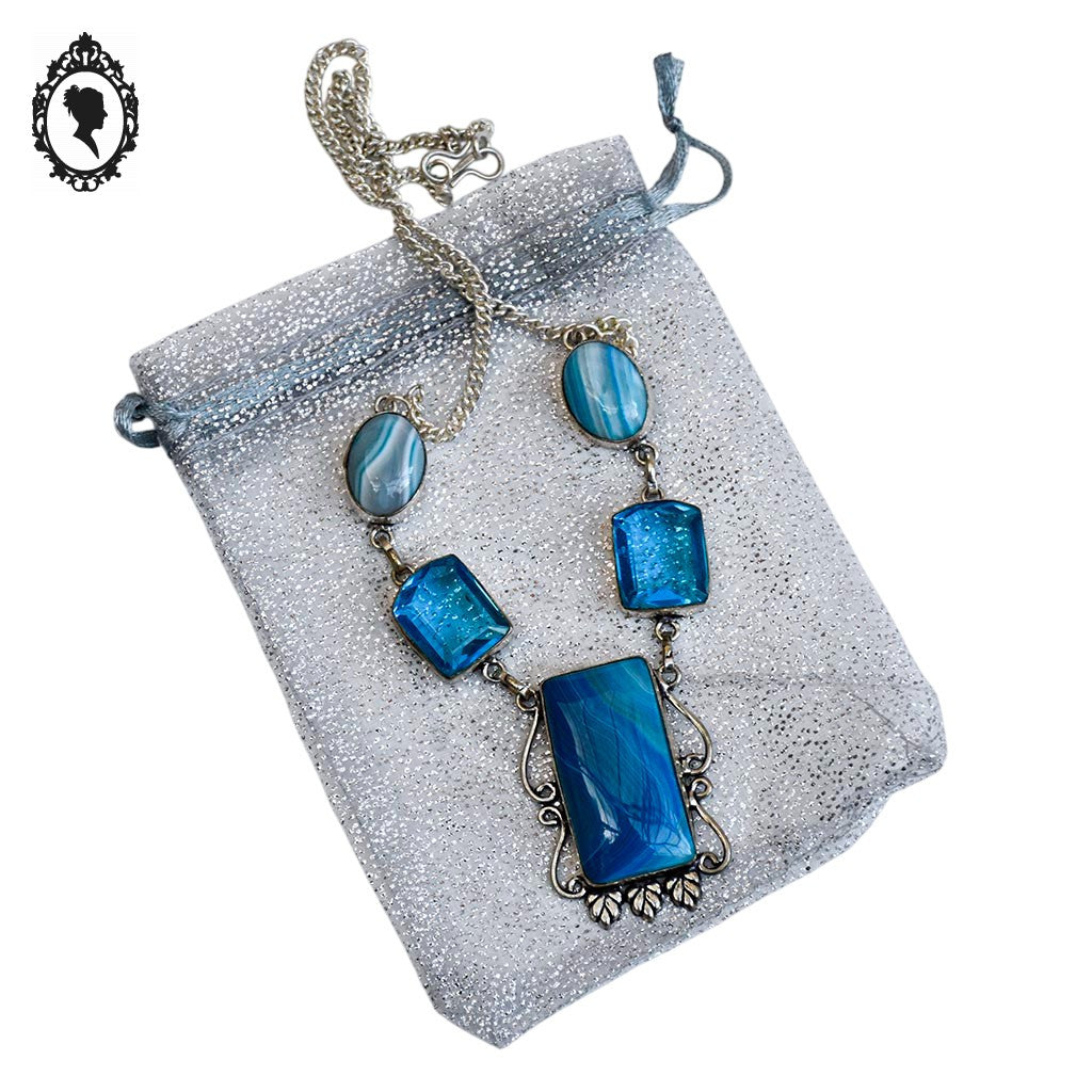Collier en pierre agathe teintée bleue base argent 925 vintage
