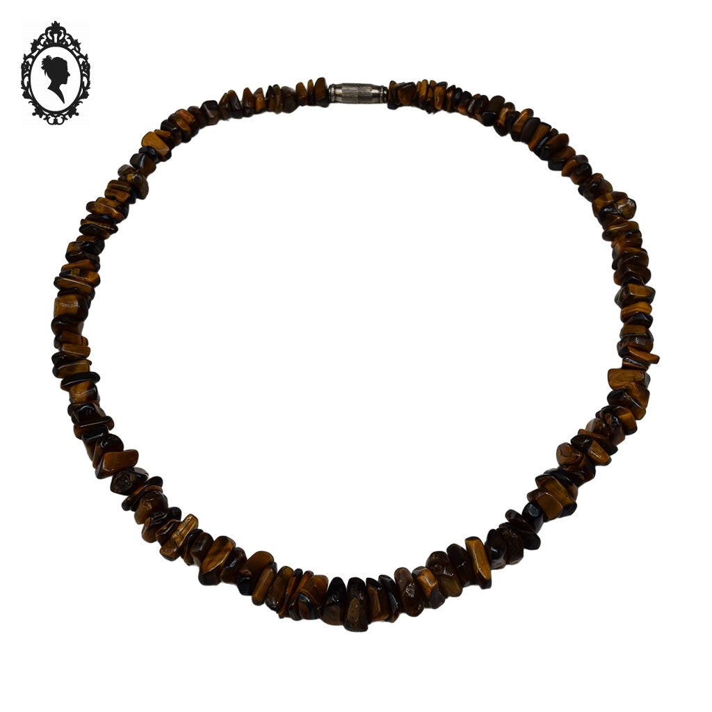 Collier marron en pierre protectrice œil de tigre chips vintage
