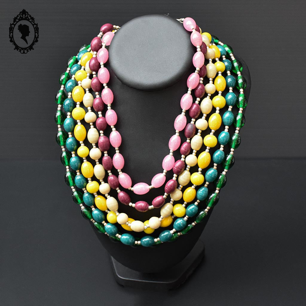 Collier multi couleurs coloré 6 rangs perles en verre fantaisie vintage