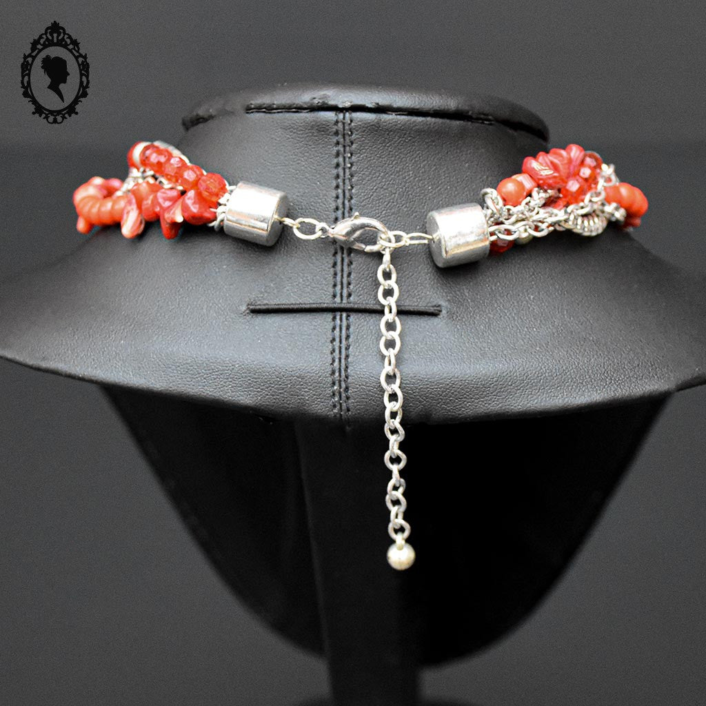 Collier rouge pierre corail 5 rangs fantaisie vintage