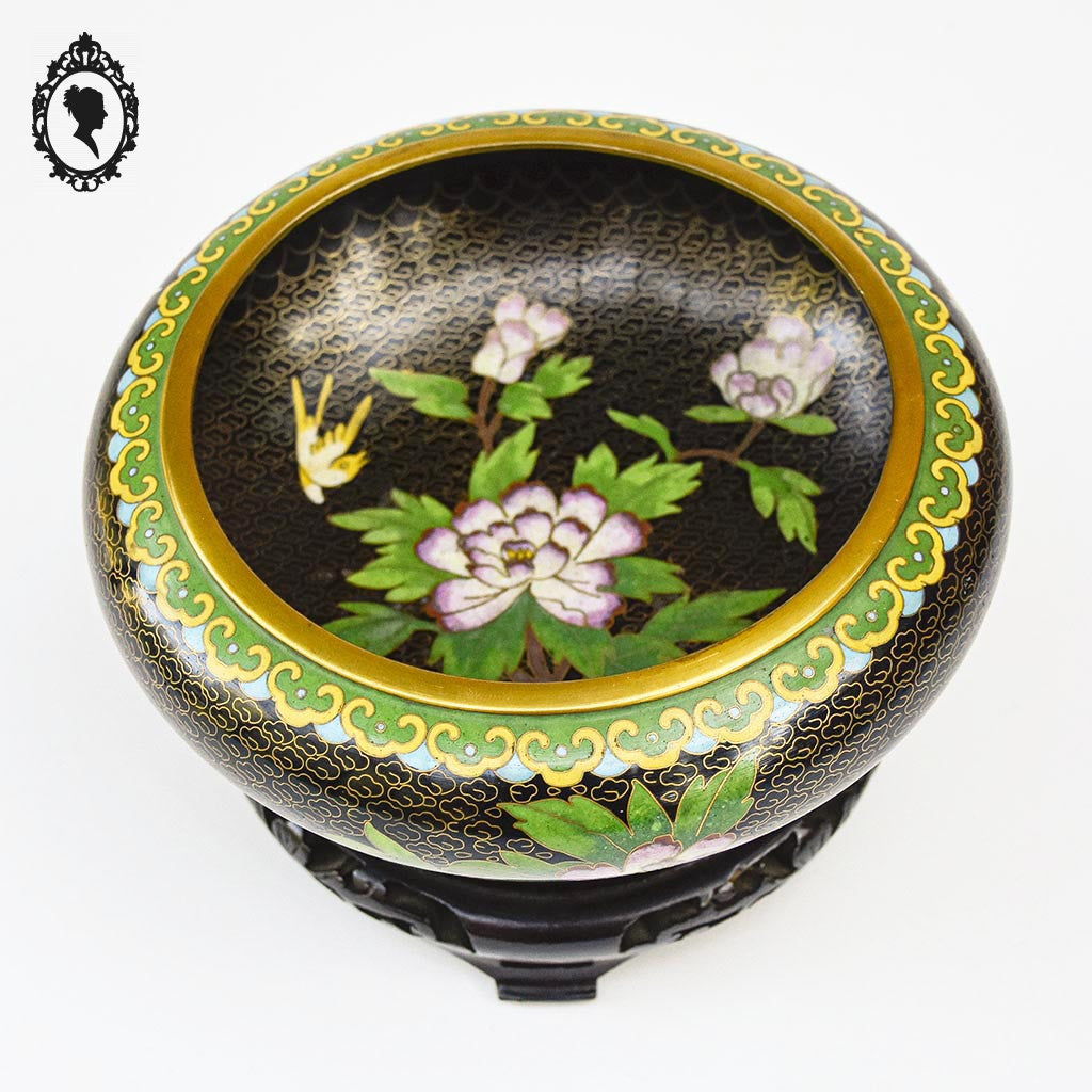 Coupe chinoise en email émaux cloisonnés noir laiton D 18 cm vintage