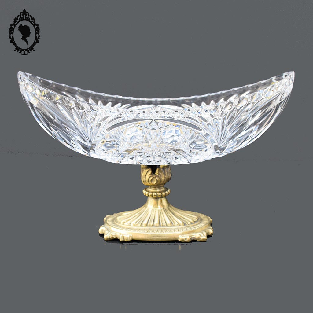 Coupelle sur pied serviteur plat coupe ovale piédouche en cristal et laiton H 15 L 31 cm