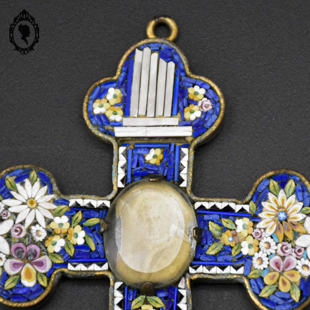 Croix en micro mosaïque de Roma Italienne photo verre H 10,5 cm ancienne