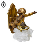 Deux appliques murales à 1 lampe ange chérubin bronze doré et pâte de verre Art déco