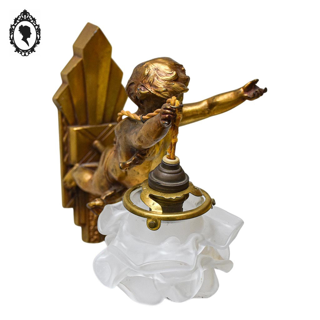 Deux appliques murales à 1 lampe ange chérubin bronze doré et pâte de verre Art déco