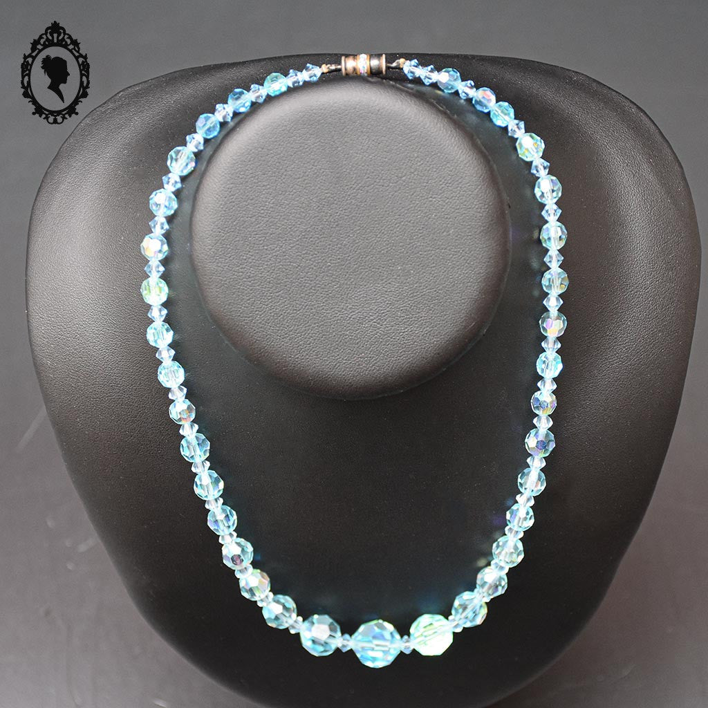 Élégant collier en cristal aurore boréale AB bleu en cascade bijou ancien vintage