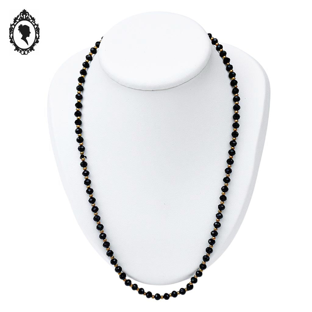Élégant long collier fin perles de verre facetté noir et doré vintage ancien
