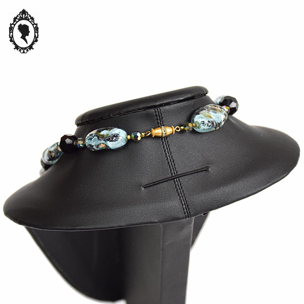 Élégant long collier perles de verre vénitien Murano bleu noir vintage ancien