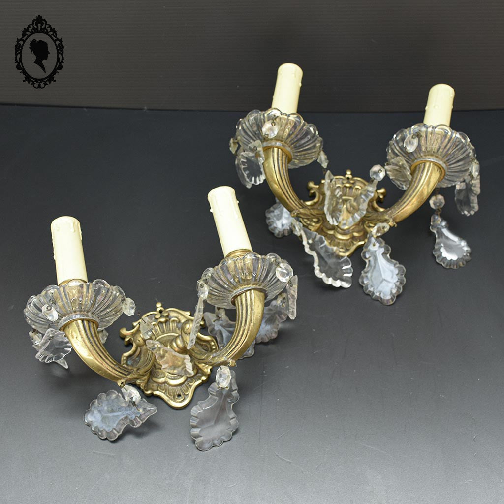Elégante paire d’appliques en bronze doré pampilles baroque 2 lumières vintage