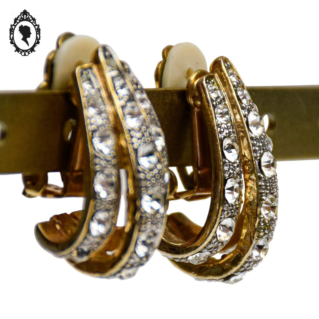 Élégantes boucles d’oreilles clips diamants strass blanc et dorées 3 rangs vintages