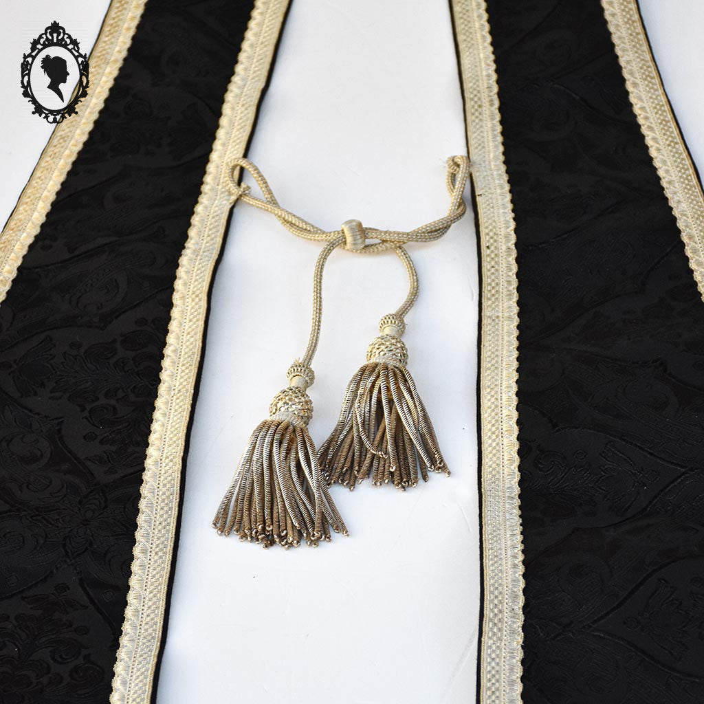 Étole pastorale prêtre Liturgique noir et beige soie broderie pompons fil doré argent ancienne