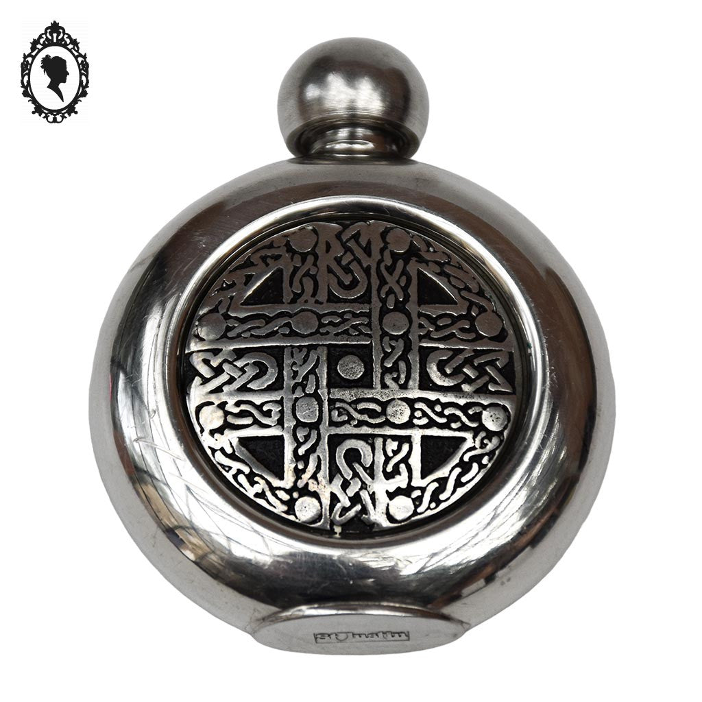 Flacon miniature circulaire en métal flasque de hanche celtique alcool ou parfum St Justin