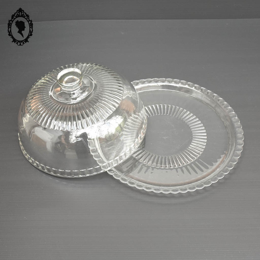 Grande cloche à fromage transparente en verre blanc avec son assiette plateau vintage