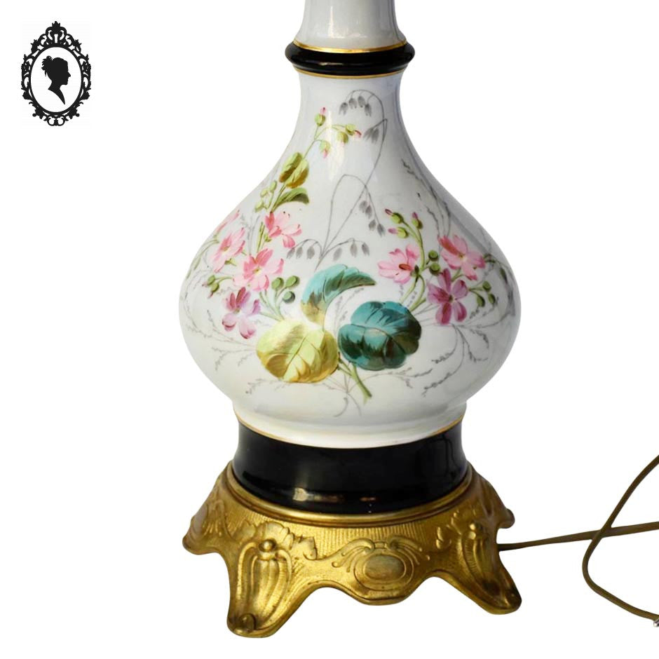 Grande lampe de table à poser porcelaine fleurie laiton ancienne