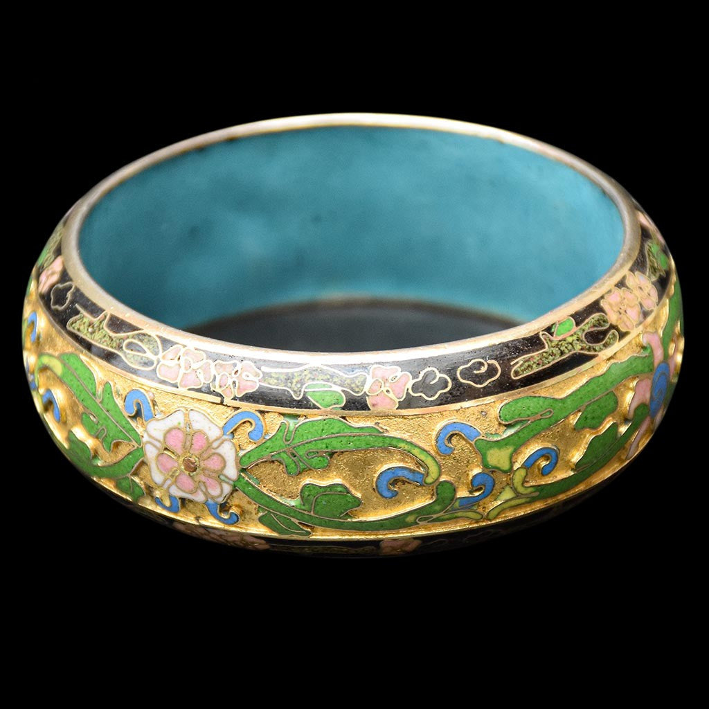 Gros bracelet jonc vert noir fleuri rigide émaux cloisonnés champlevés vintage