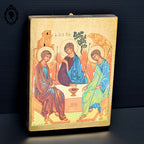 Icône sur bois scène religieuse dorée à la feuille La Sainte Trinité
