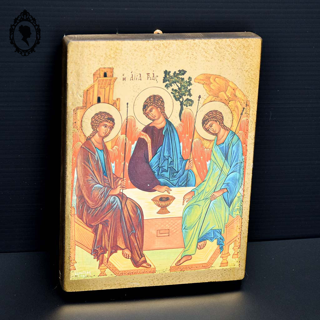 Icône sur bois scène religieuse dorée à la feuille La Sainte Trinité