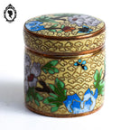 Jolie petite boite jaune vert ronde cylindrique en émail émaux cloisonnés vintage