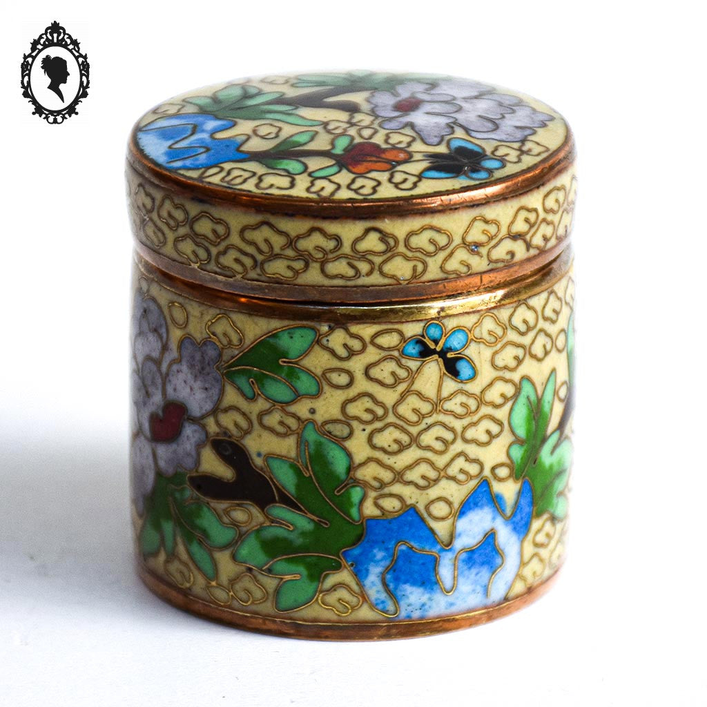 Jolie petite boite jaune vert ronde cylindrique en émail émaux cloisonnés vintage