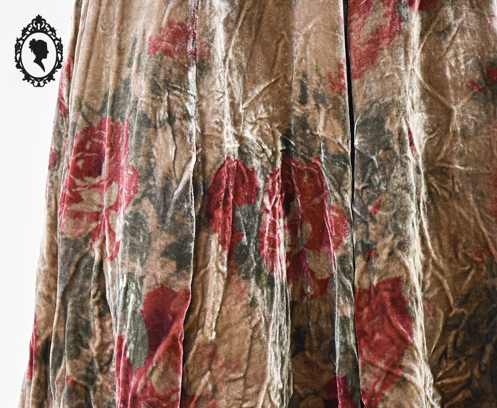 Jupe en velours marron beige fleuri rouge vert T 36 S vintage