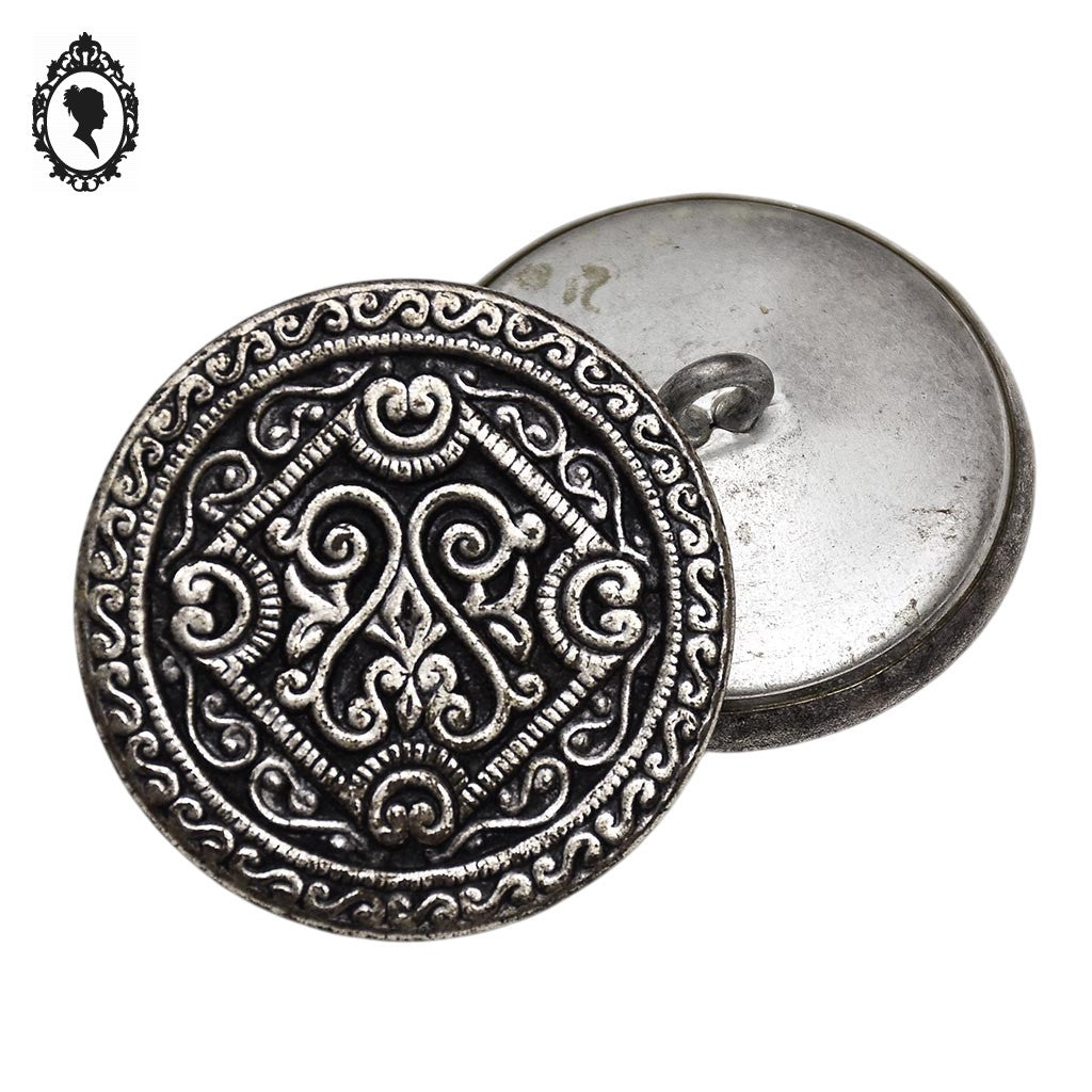 Lot 2 boutons gris argenté à queue métal arabesque noire D 2,8 cm vintage