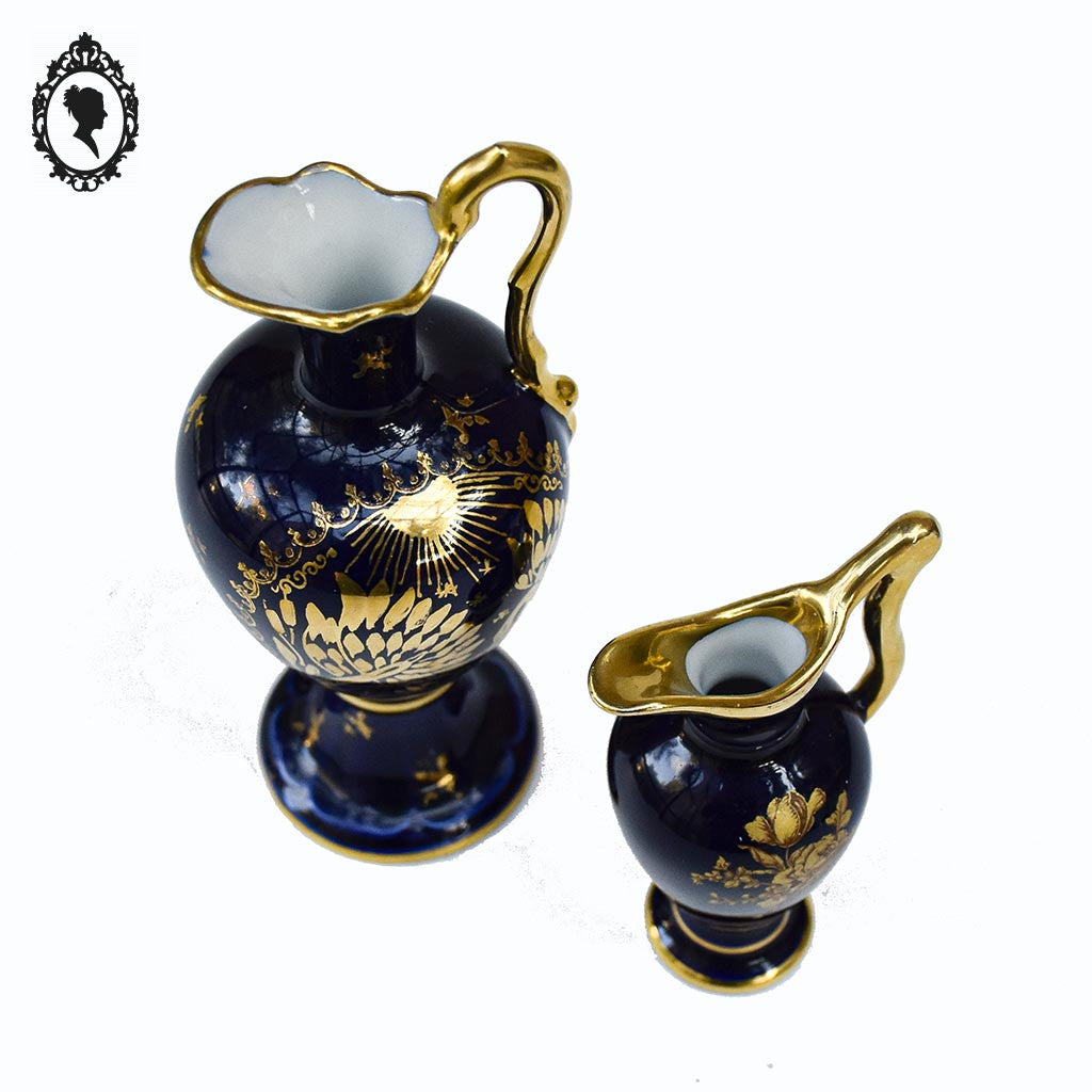 Lot 2 petites aiguières vases bec anse bleu et doré porcelaine de Limoges vintage