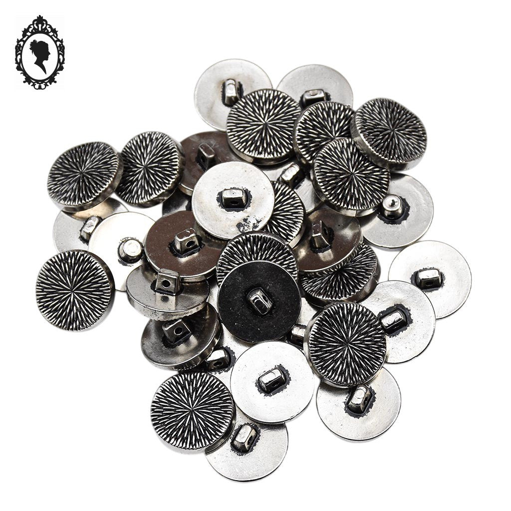 Lot 33 boutons gris argenté à queue plastique strié noir D 1,8 cm