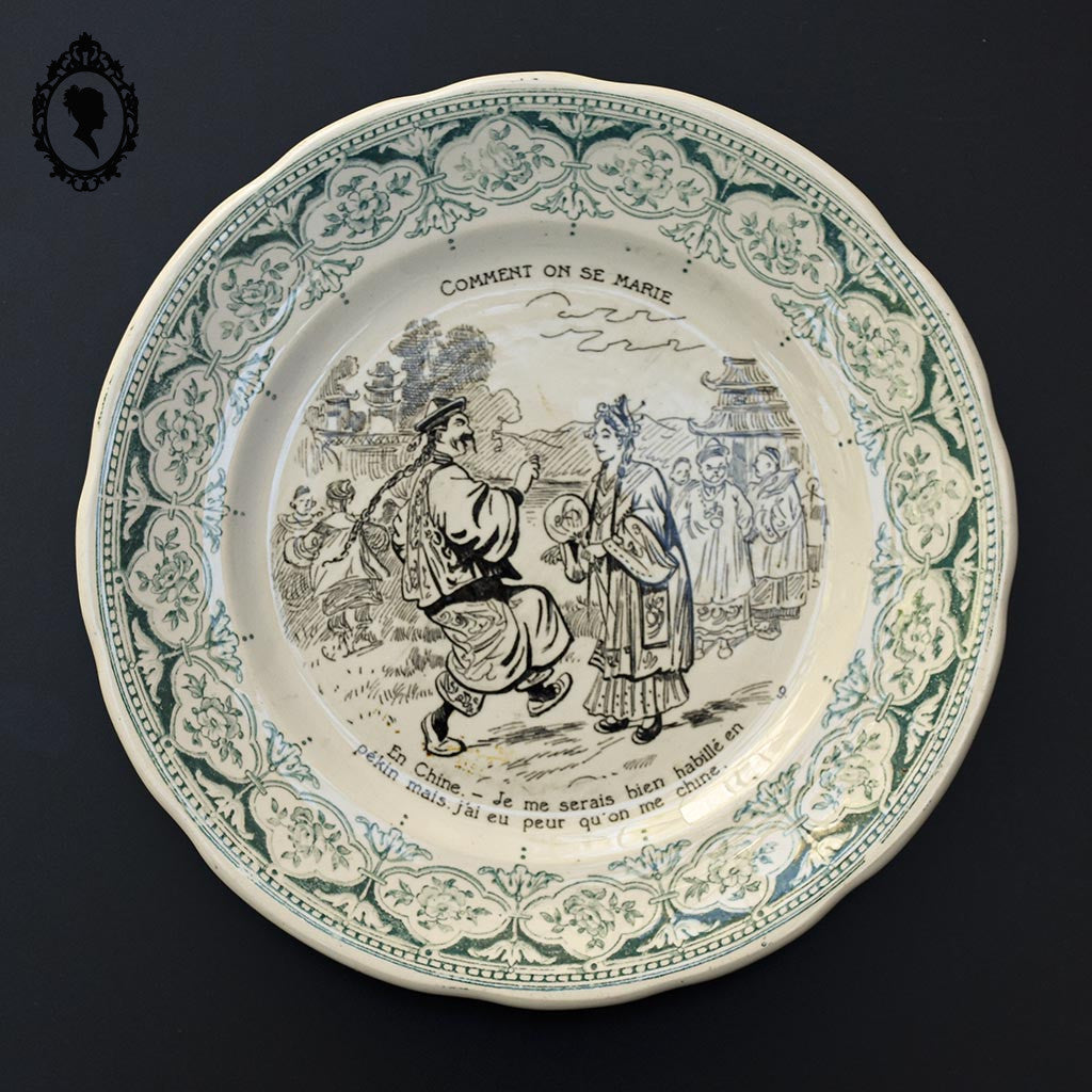 Lot 5 assiettes à dessert parlantes mariage beige et vert Digoin Sarreguemines anciennes