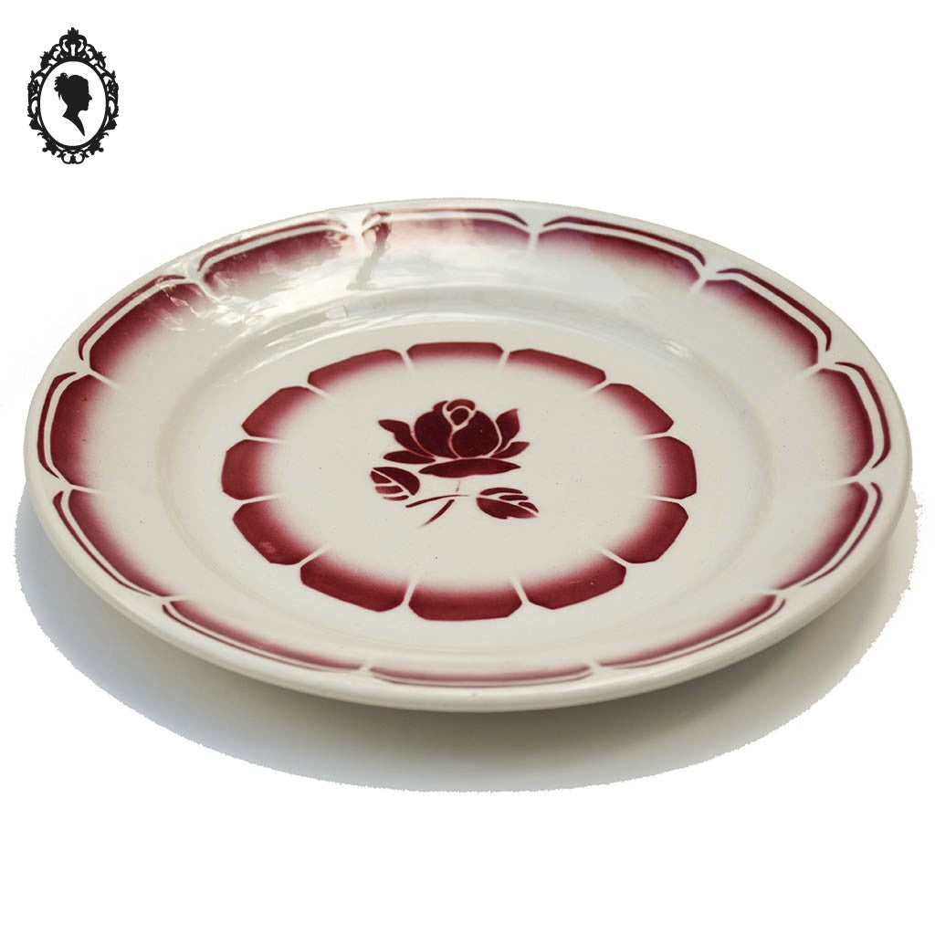 Lot 7 assiettes à dessert en porcelaine fleur rose rouge beige Badonvillier vintage