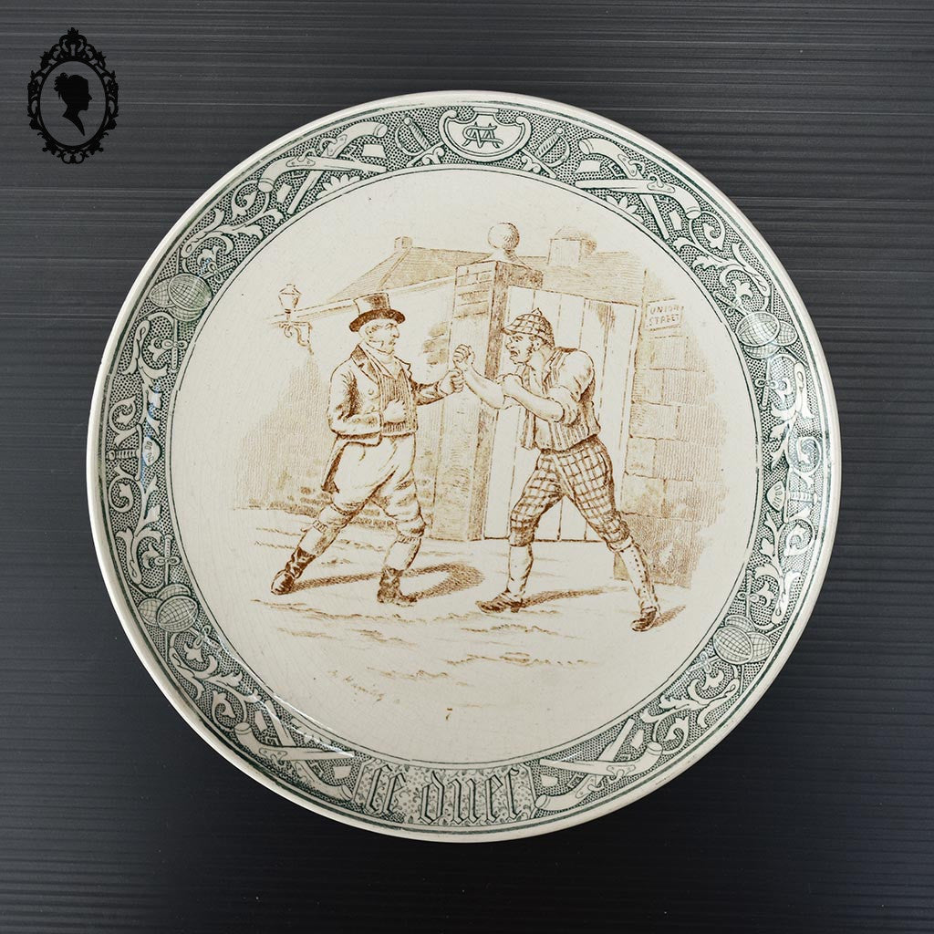 Lot 9 assiettes anciennes plates ou à dessert Terre de Fer Le Duel Louis XIV gladiateurs Creil et Montereau