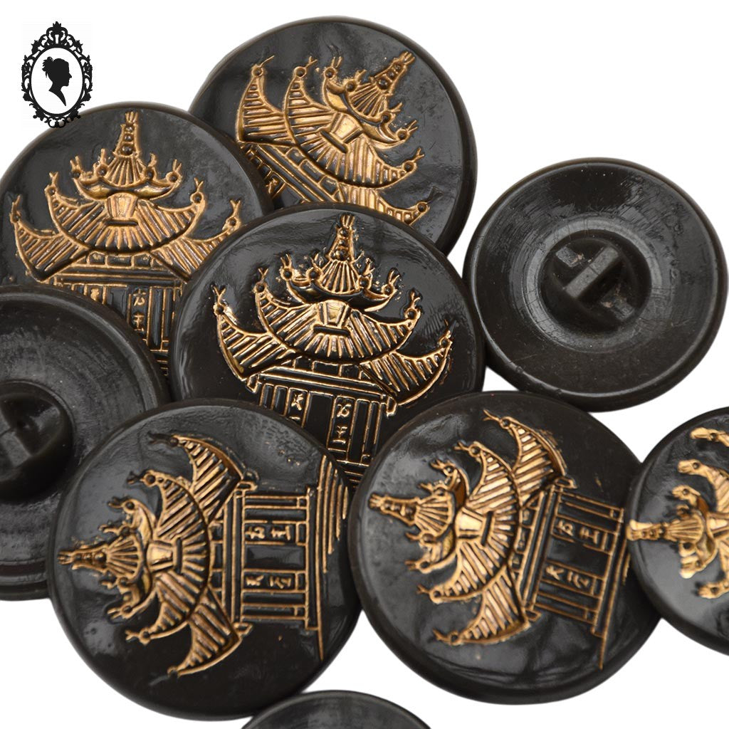 Lot 9 boutons en verre gris motif pagode doré épais vintage D 2,8 cm et 2,2 cm