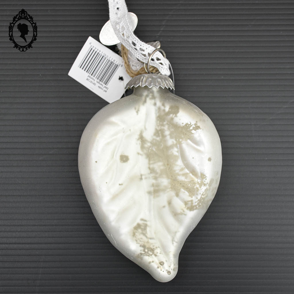 Lot de 3 boules de noël feuille en verre argent blanc mercurisé shabby chic