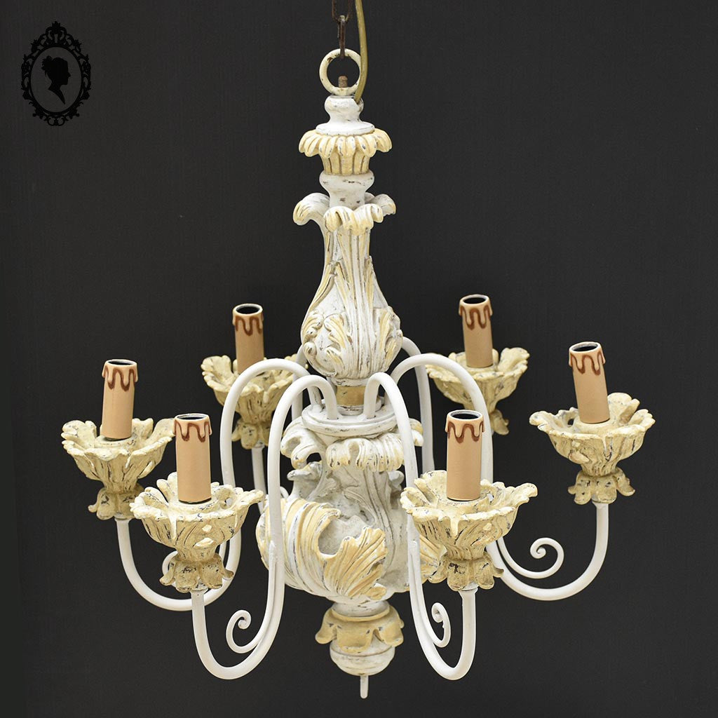 Lustre en bois 6 feux branches fer beige jaune clair vintage