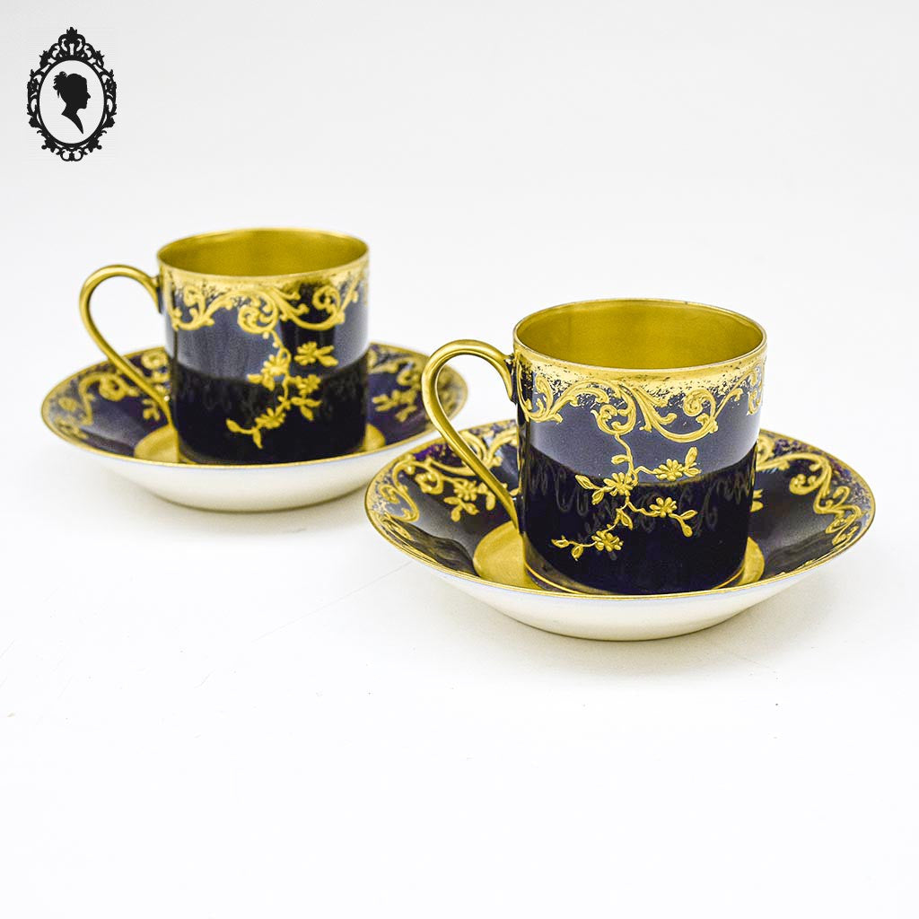 Magnifiques 2 Tasses et sous tasses porcelaine bleu cobalt Bac Limoges France