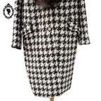 Manteau long femme laine pied-de-poule noir blanc col véritable fourrure T 52 54 vintage