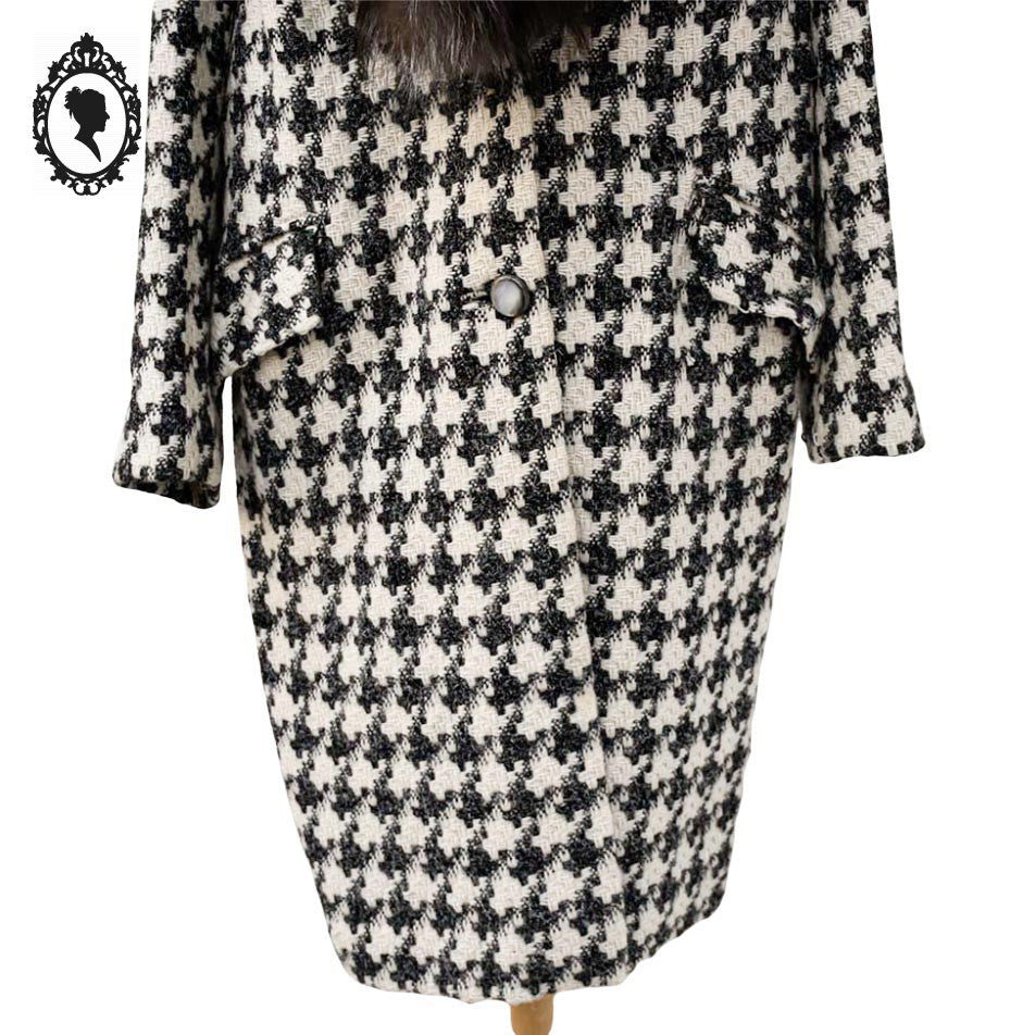 Manteau long femme laine pied-de-poule noir blanc col véritable fourrure T 52 54 vintage