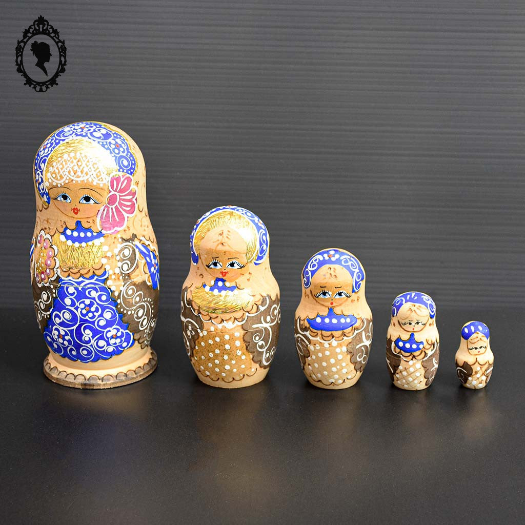 Matriochkas 5 poupées Russes gigognes bois naturel bleu doré