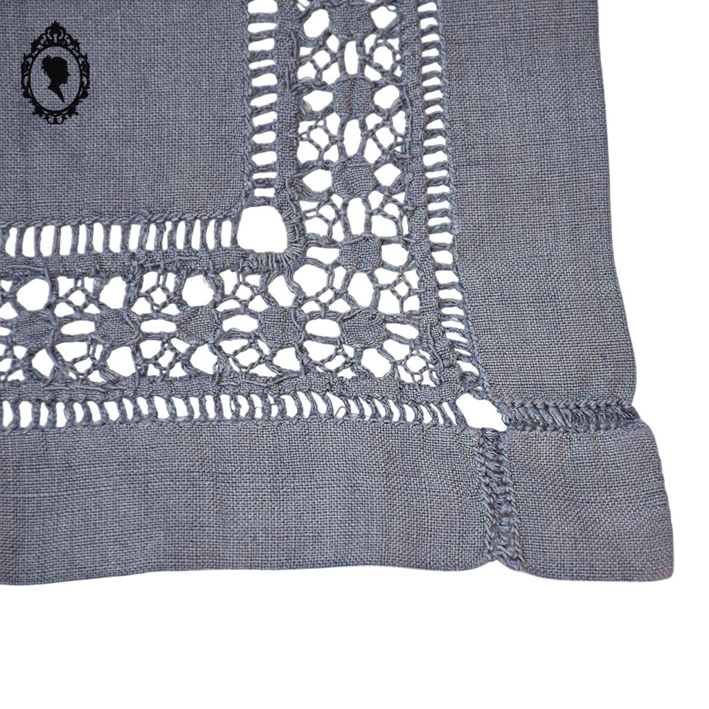 Napperon brodé lin gris carré 26 cm jours échelle et faisceaux fait main vintage