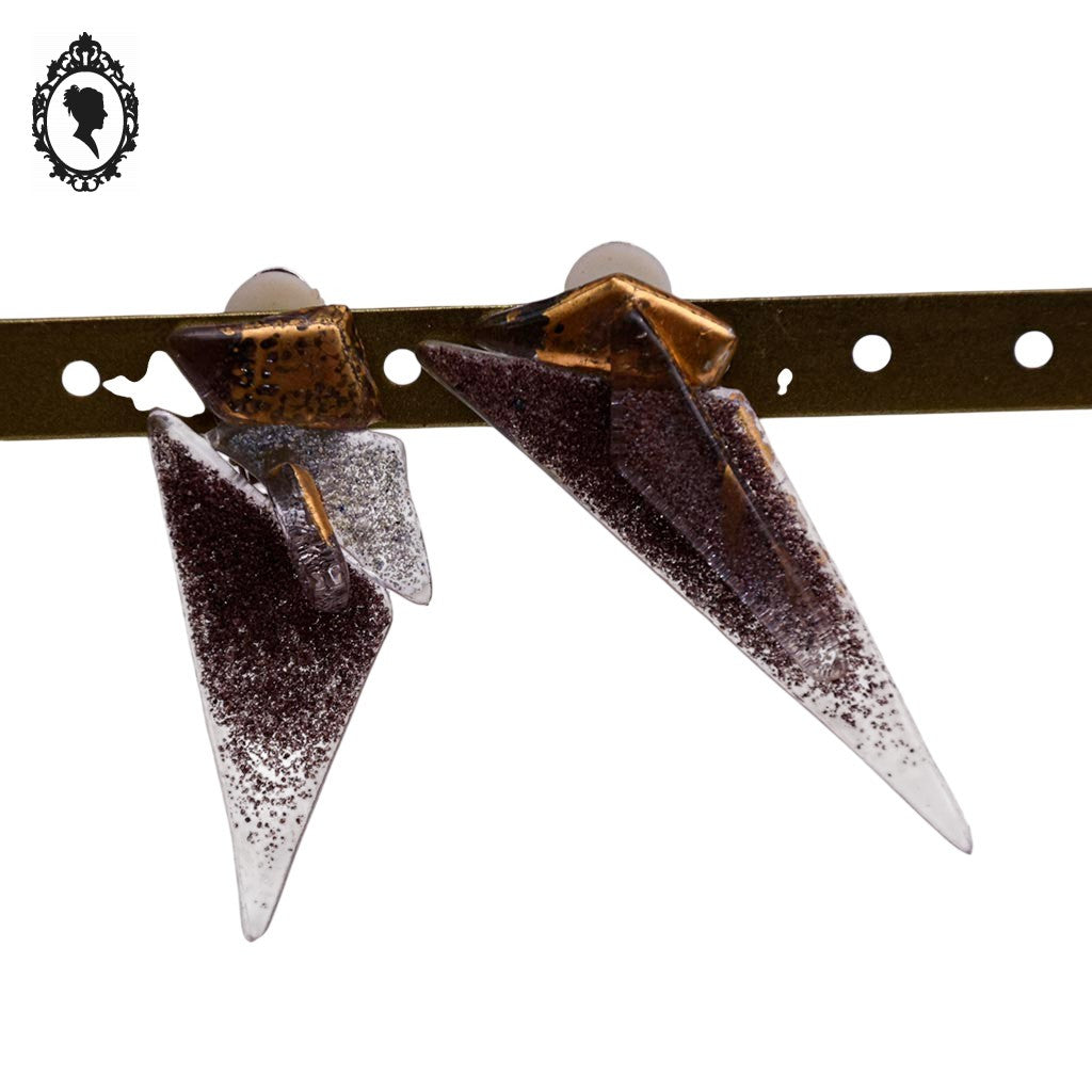 Boucles d’oreille Créateur design verre asymétrique violet doré à clip vintage