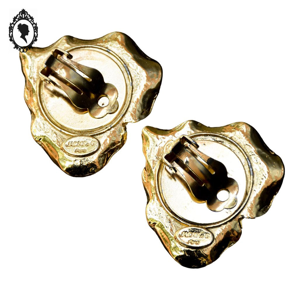 Paire de boucles d’oreilles Jacky de G cœur soleil bombé métal doré à clips bijoux vintage