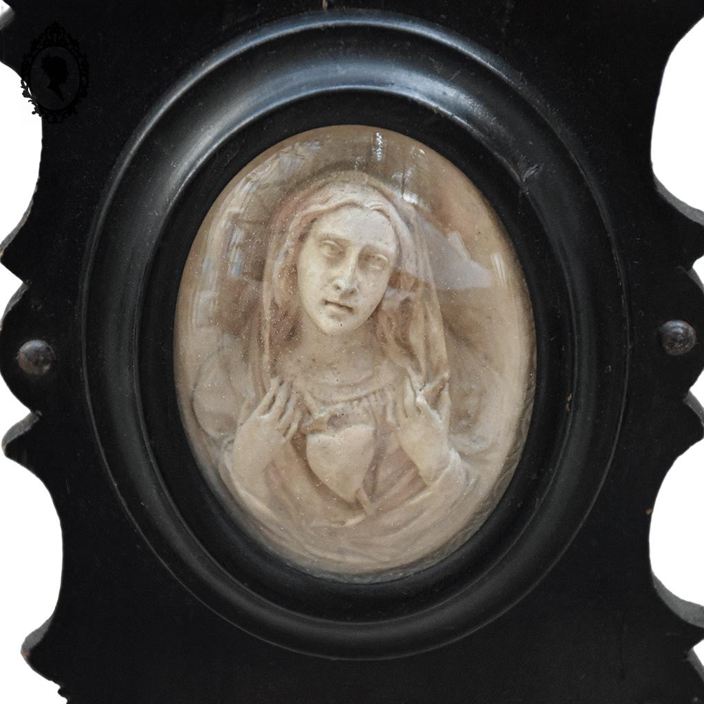 Paire de cadres reliquaires verre bombé noir ovale Christ et Marie calcaire pétrifié ancien Napoléon 3