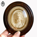 Paire de cadres reliquaires verre bombé ovale bois Christ et Marie calcaire pétrifié ancien Napoléon 3