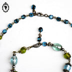 Parure collier bracelet perles bleu et verte fil laiton vintage