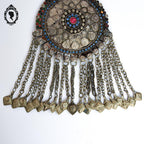 Pendentif collier ethnique antique nomade en métal vintage ancien H 18,5 cm