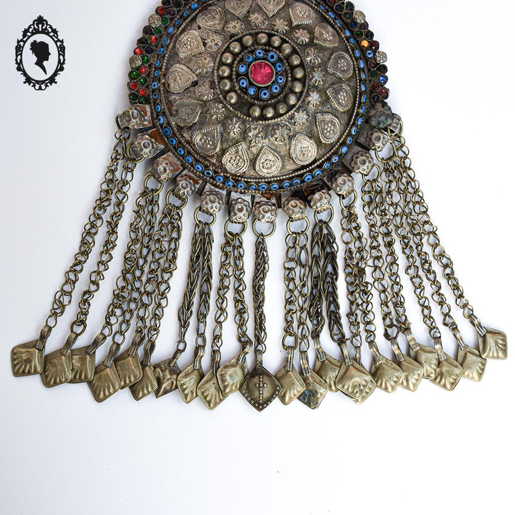 Pendentif collier ethnique antique nomade en métal vintage ancien H 18,5 cm