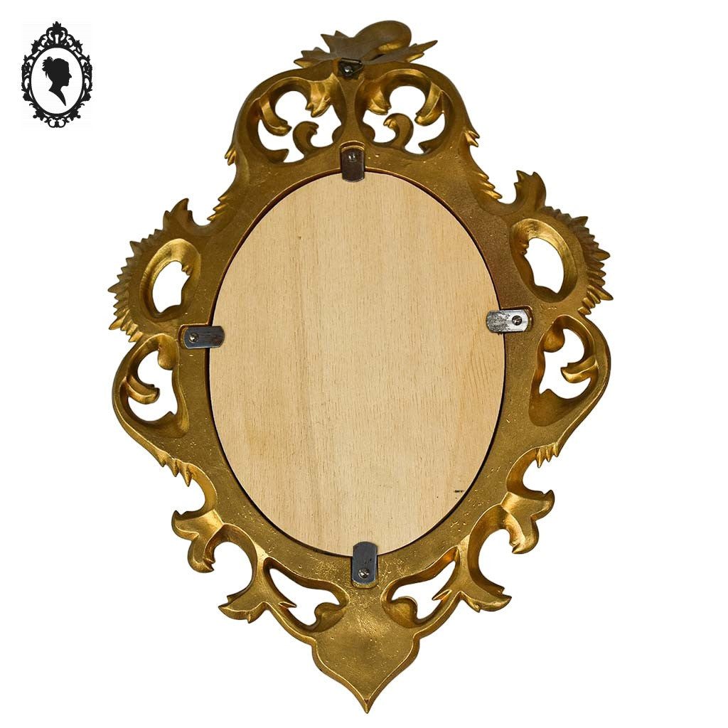 Petit miroir glace cadre ovale mural doré fronton arabesque baroque H 35 cm vintage