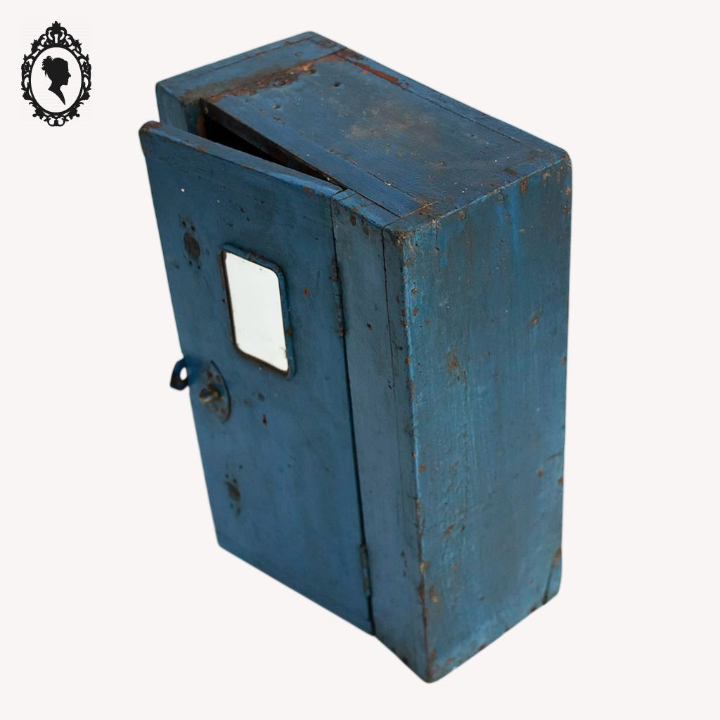 Petite armoire jouet dînette enfant bois peint en bleu vintage H 33 cm vintage