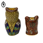 Petite figurine chouette hiboux et dé chat en émail émaux cloisonnés collection vintage